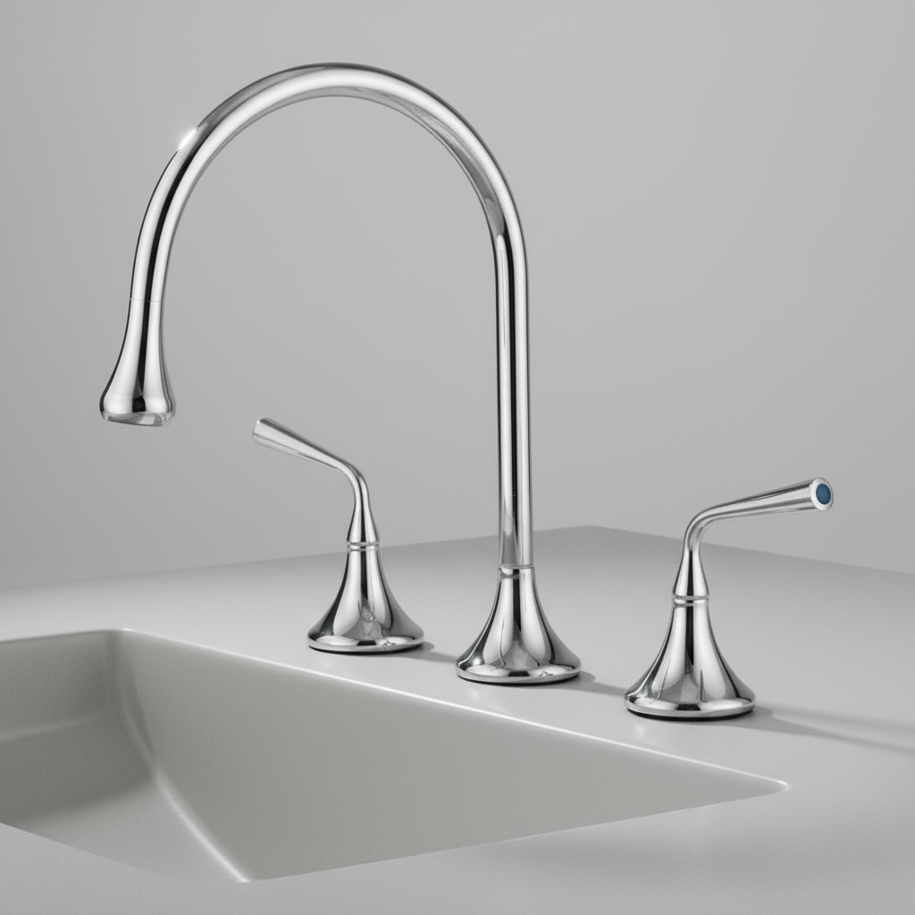 The Mike Jake Maison Widespread Bathroom Faucet features double handles and a high-arc spout in silver, installed on a white countertop beside a white sink against a plain gray background.