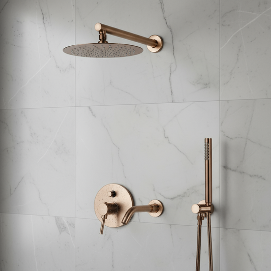 The Windsor Rose Gold Complete Shower System by Morsale.com features a rainfall showerhead, single-handle control, and handheld wand in brushed gold, all mounted on white marble tile for a luxurious modern look.