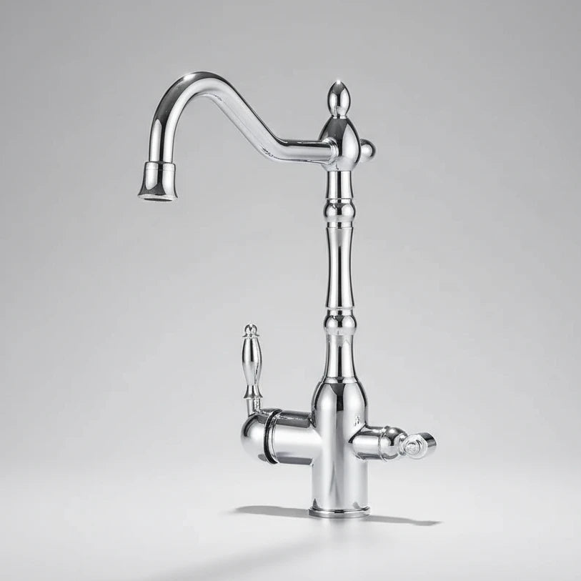 The AllFixture Heritage Kitchen Faucet, Chrome, features a tall curved spout, ornate design, and single side handle for water control, shown against a plain light gray background.