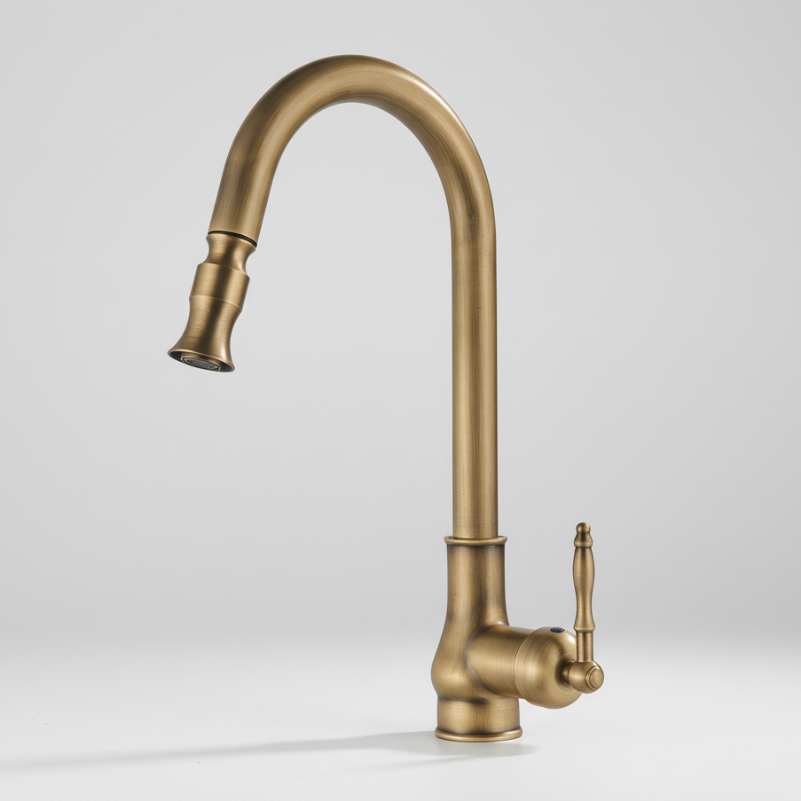 The Rozin Ross Antique Brass Pull-Down Kitchen Faucet features a high arch, single side lever handle, and solid brass construction, shown with a brushed finish against a plain white background.
