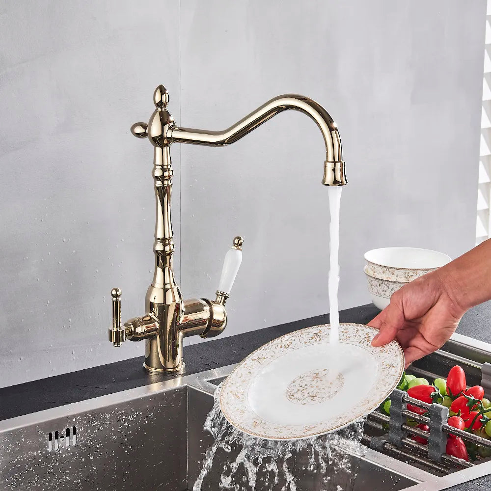 Kitchen Faucet With Filtered Water Tap, Polished Gold