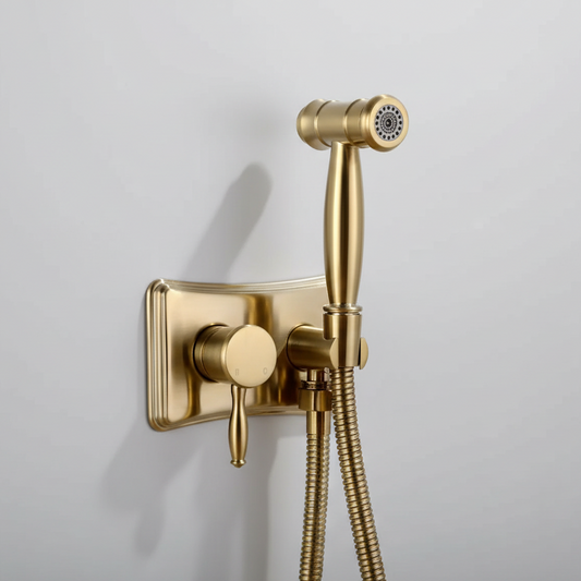 The AllFixture Wasser™ Solid Brass Hot & Cold Water Bidet Faucet, shown mounted on a gold wall plate with control lever and hose against a white background, brings refined elegance and versatility to any bathroom.