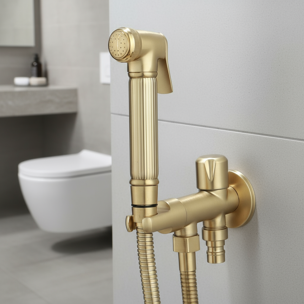 The AllFixture Wall-Mounted Brass Handheld Sprayer is installed on a bathroom wall, featuring a hose and wall mount, with a white toilet visible in the background.
