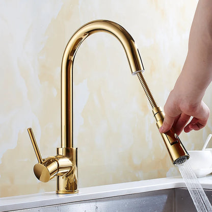 A hand holding the detachable spray head of Tiqui's Single Handle Pull Out Kitchen Faucet, directing the water stream into a stainless steel sink. The sleek, gold-colored faucet features a single lever handle for controlling water flow and temperature. The background shows a marble-like wall.