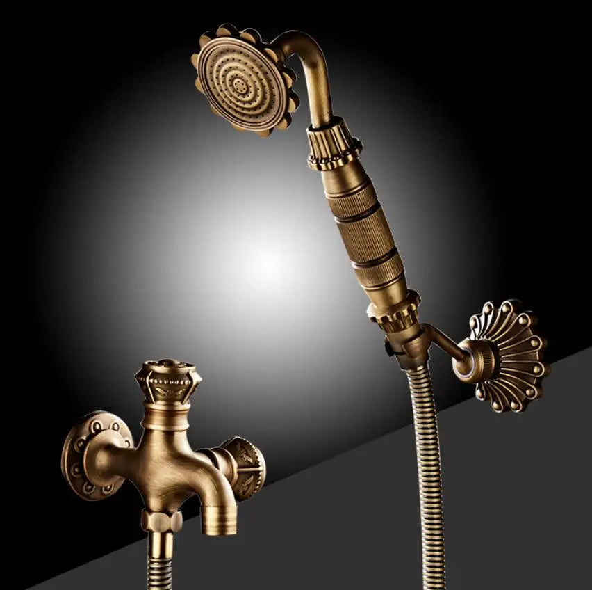 An Antique Brass Bidet Faucet Wall Mounted Carved Bidet Faucet from Allfixture, featuring a vintage-style brass design with intricate floral motifs and a ribbed handle, is set against a dark gradient background, adding an antique aesthetic to the design.