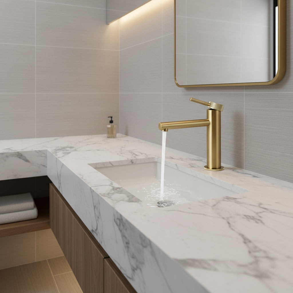 A modern bathroom features a marble countertop with an integrated sink and the allfixture Windsor Single Handle Bathroom Sink Faucet running. A rectangular mirror hangs above, and folded towels rest on a wooden shelf below.