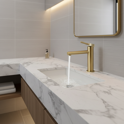 A modern bathroom features a marble countertop with an integrated sink and the allfixture Windsor Single Handle Bathroom Sink Faucet running. A rectangular mirror hangs above, and folded towels rest on a wooden shelf below.