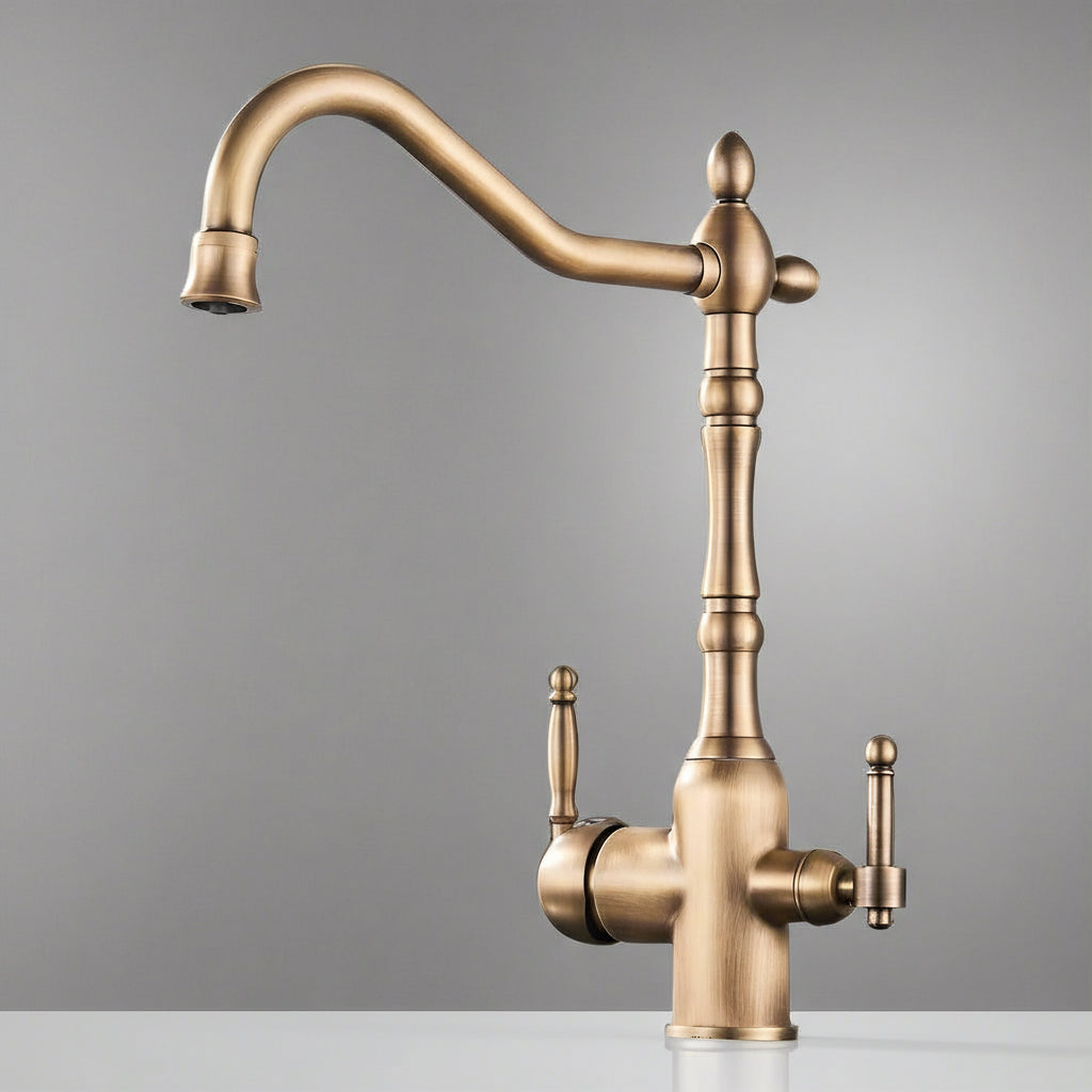 The AllFixture Heritage Kitchen Faucet in antique brass, featuring a high curved spout and dual side handles, is displayed against a plain gray background.