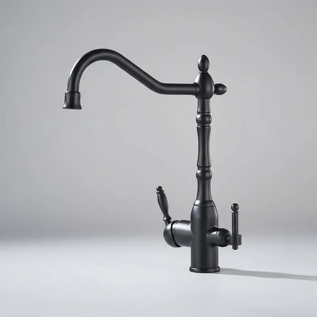 The AllFixture Heritage Kitchen Faucet in black features a vintage style with a high curved spout, dual side levers, and solid brass construction, shown against a plain light gray background.
