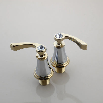 A bathroom sink setup featuring the Polished Gold & Chrome Bathroom Sink Faucet by AllFixture. This modern faucet includes two matching handles on either side and boasts a sleek design with a curved spout, all set against a shiny marble countertop, making it one of the most stylish options available. A folded towel is neatly placed in the background.