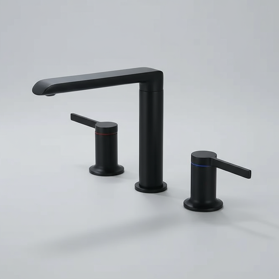 The Windsor Widespread Bathroom Sink Faucet by Morsale.com is a modern black solid brass set with dual handles—red for hot, blue for cold—shown on a light gray surface.