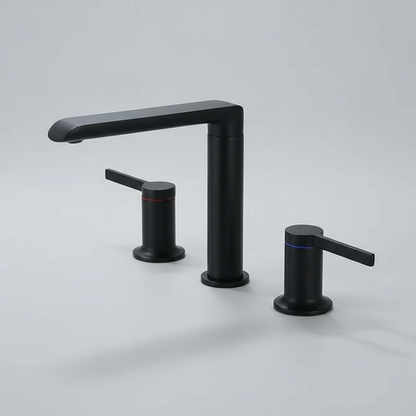 The Windsor Widespread Bathroom Sink Faucet by Morsale.com is a modern black solid brass set with dual handles—red for hot, blue for cold—shown on a light gray surface.