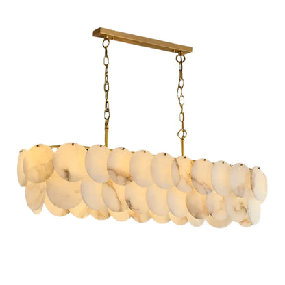 Elegant Moonshade Marble Dining Room Chandelier with natural Spanish marble and brass, emits soft warm light for a luxurious ambiance.
