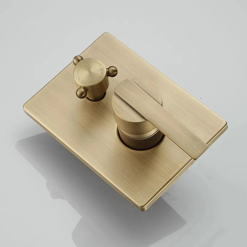 Heritage Antique Brass Shower System with Handheld Shower control valve and handle design.
