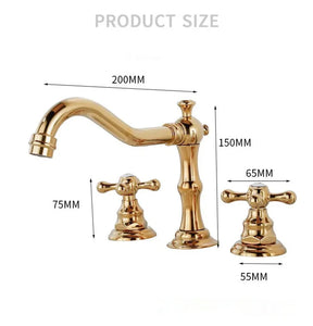 An Allfixture Antique Brass Gold Bathroom Faucet set, consisting of three pieces, is shown. The faucet's spout measures 200mm in length and 150mm in height. On either side of the dual handle faucet are two separate water handles, each 75mm tall and 55mm wide. All dimensions are displayed in millimeters.