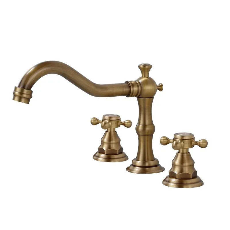 An Allfixture Antique Brass Gold Bathroom Faucet set, consisting of three pieces, is shown. The faucet's spout measures 200mm in length and 150mm in height. On either side of the dual handle faucet are two separate water handles, each 75mm tall and 55mm wide. All dimensions are displayed in millimeters.