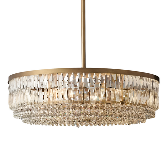 The Bacci Crystal Chandelier by Morsale.com features a bronze frame with sparkling crystal prisms on a slender rod, adding elegance with its round design.