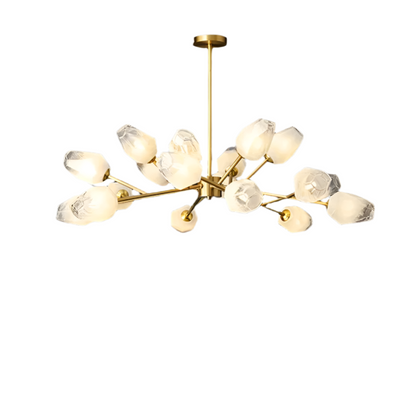 The Olga Multi Pendant Modern Chandelier features a brass-colored rod with multiple branching arms, each adorned with frosted glass lampshades shaped like flowers or buds. Its minimalist design gives it a contemporary and elegant appearance, making it an ideal addition to any home decor. The background is white, enhancing its modern aesthetic.