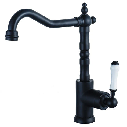 The Allfixture Single Handle Vintage Kitchen Sink Faucet features a matte black finish, white side-mounted handle, and curved spout. With brass accents, its classic design enhances any timeless kitchen setting.