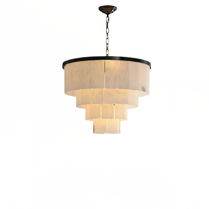 Introducing the Moonshade Marble Chandelier by Morsale: a modern multi-tiered masterpiece with a circular metal frame and square panels of natural marble shades. It hangs from a chain and includes a dimmable touch switch for customizable warm light.