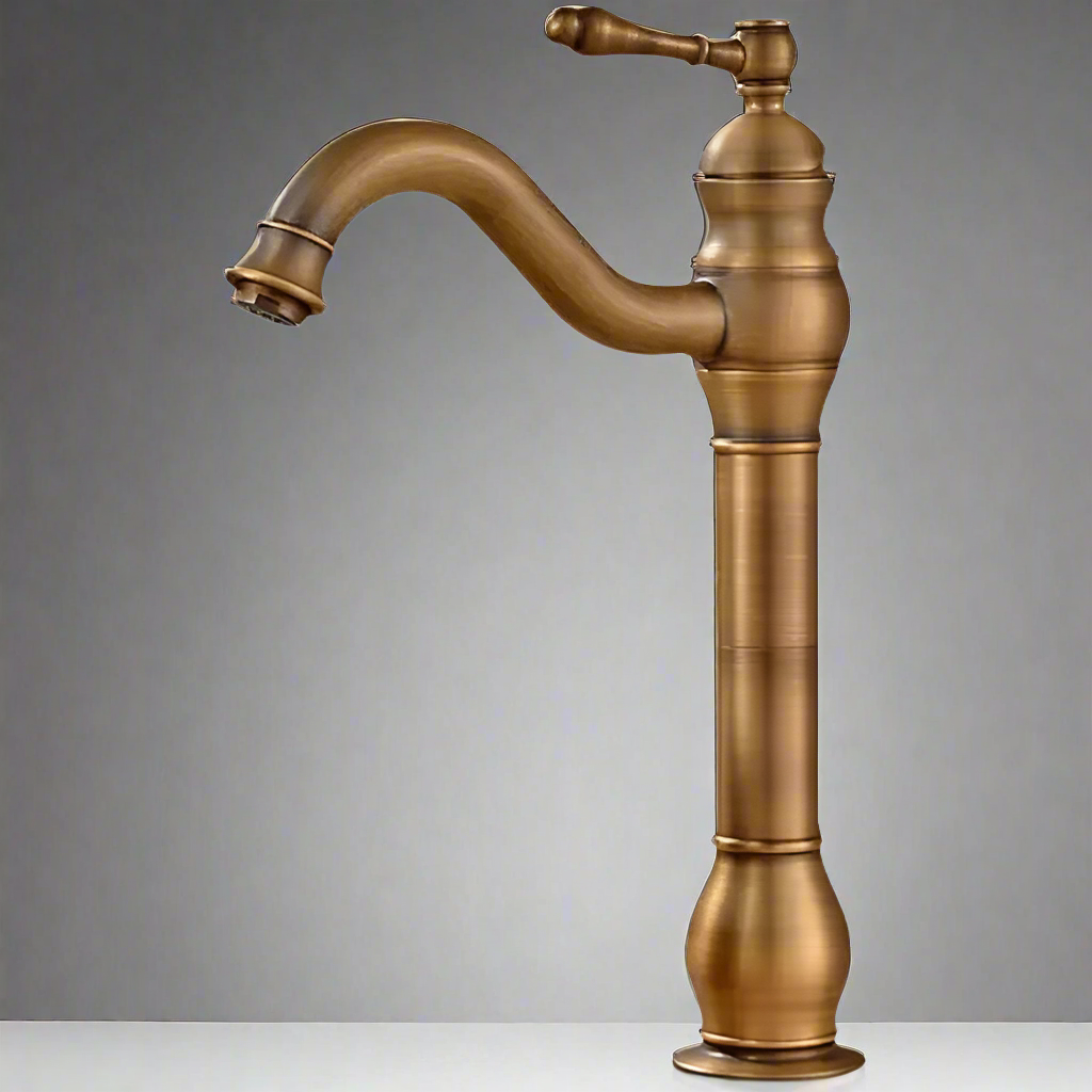 The Allfixture Deck Mounted Antique Brass Bathroom Faucet features a vintage-style curved spout and lever handle with a hot and cold water mixer, shown on a plain white surface against a gray background.