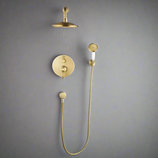 An Antique Brass Bathroom Shower Faucet With Handheld Shower Head by Allfixture is mounted on a gray wall. This contemporary shower system includes an overhead rain showerhead, a handheld showerhead with a long flexible hose, and a sleek, single handle control valve centrally situated with minimalist design.