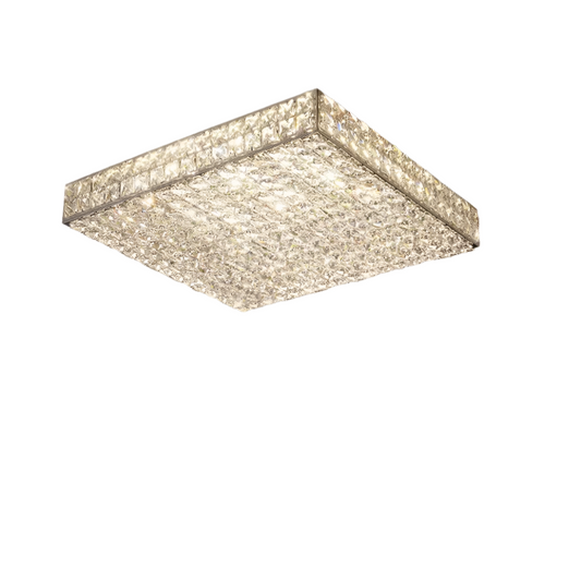 The Bacci Clear Crystal Light Fixture by Morsale.com is a square, modern ceiling light with a grid of crystal prisms that beautifully reflect and refract light. Its minimalist design adds an elegant, contemporary touch to any stylish interior.