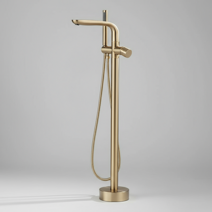 The Valmont Freestanding Bathtub Faucet With Hand Shower by Mike Jake is a modern, slim solid brass fixture with a curved spout, single lever handle, and attached hand shower, shown on a plain light gray background.