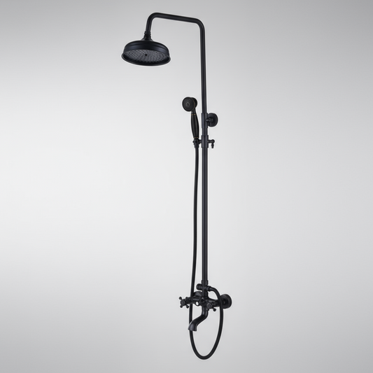 The Rozin Heritage Complete Shower System in black is wall-mounted and features a solid brass rain showerhead, handheld attachment, and thermostatic valve, shown against a plain light gray background.