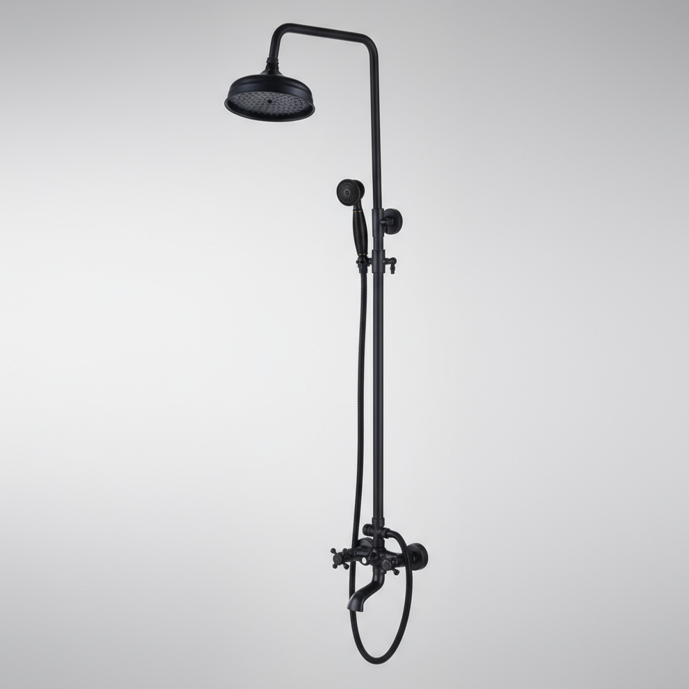 The AllFixture Heritage Complete Shower System is a black, wall-mounted set with a round rainfall showerhead, handheld attachment, and exposed plumbing shown against a light gray background.