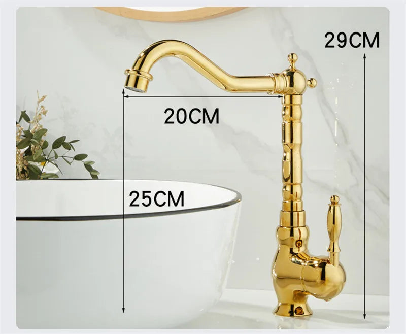 An Allfixture Tall Torneiras Bathroom Faucet – Single Handle, Hot and Cold Water Mixer, featuring a vintage-style brass finish with a white ceramic handle and decorative base, is installed next to a modern sink basin. Water flows from the faucet into the sink, set against a light beige background.