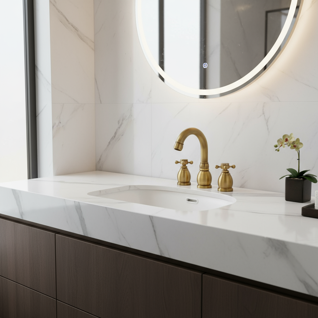 A modern bathroom vanity features an Allfixture Widespread Dual Handle Bathroom Sink Faucet, a white marble countertop, a round backlit mirror, a small potted plant, white marble walls, and dark wood cabinetry.