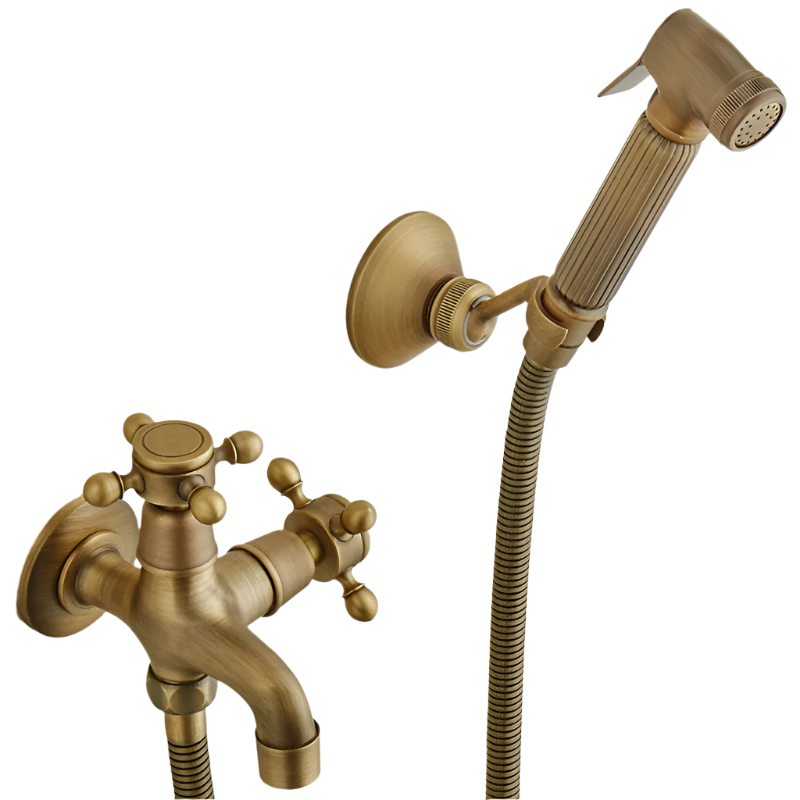 The Allfixture Antique Brass Wall Mounted Bidet Faucet Hand shower features a retro-style design with double handles, a handheld showerhead with flexible hose, intricate detailing, and a wall mount holder, adding elegance to any bathroom space.