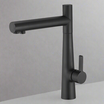 The Allfixture Kitchen Faucet With Purified Water Tap features a modern matte black finish, cylindrical base, straight spout, and single side lever handle for sleek style and easy filtered water access, shown on a plain gray background.