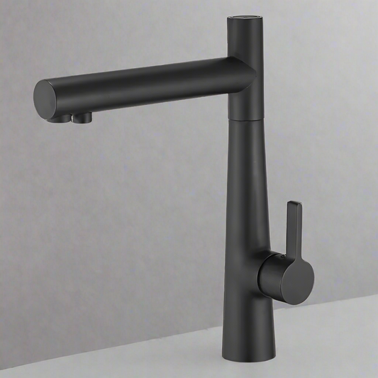 The Allfixture Kitchen Faucet With Purified Water Tap features a modern matte black finish, cylindrical base, straight spout, and single side lever handle for sleek style and easy filtered water access, shown on a plain gray background.
