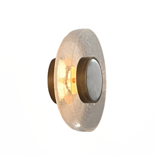 The Morsale Art Deco Cracked Glass Wall Sconce showcases a circular cracked glass design with a bronze metallic fixture, softly diffusing light for a warm glow that enhances any space.