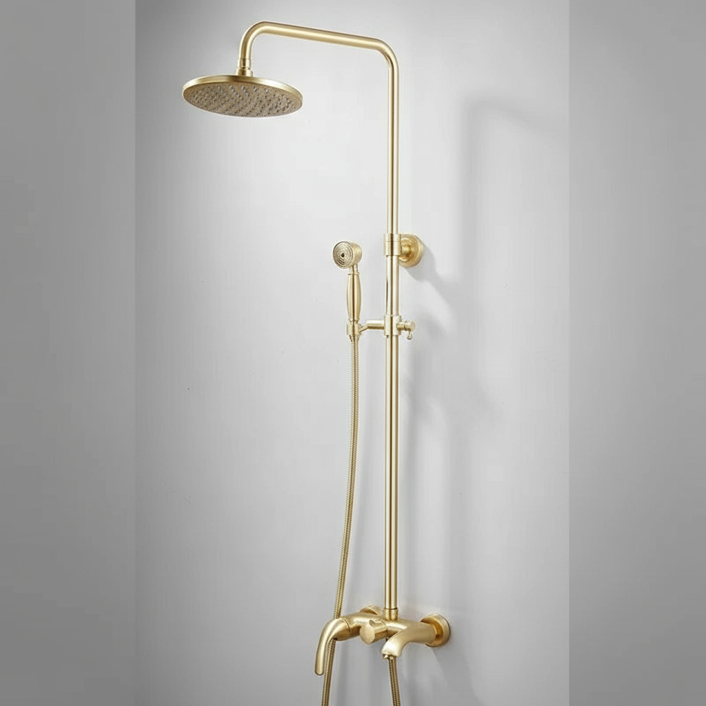 The Tiqui Maison Exposed Pipe Shower System is a modern gold-colored solid brass set, mounted on a white wall, with a large round overhead showerhead, handheld shower, and a sleek minimalist design.