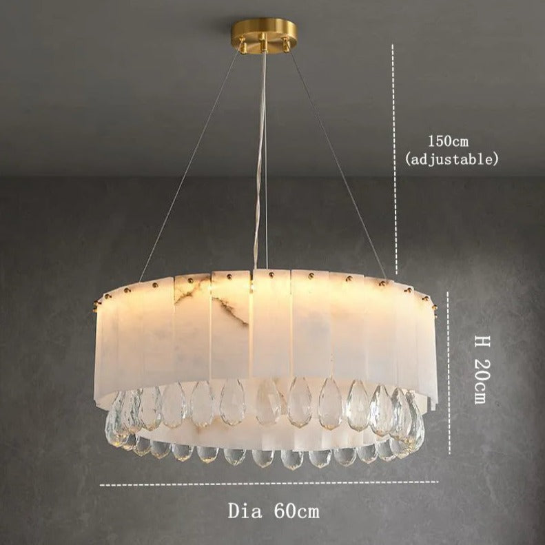 The Marble & Crystal Modern Chandelier from Morsale.com is a luxury home decor piece featuring a gold-toned base and adjustable wire. Its drum-shaped shade boasts a white-marble design, and it measures 60 cm in diameter and 20 cm high. This modern chandelier is adorned with crystal drop pendants for an elegant finish.