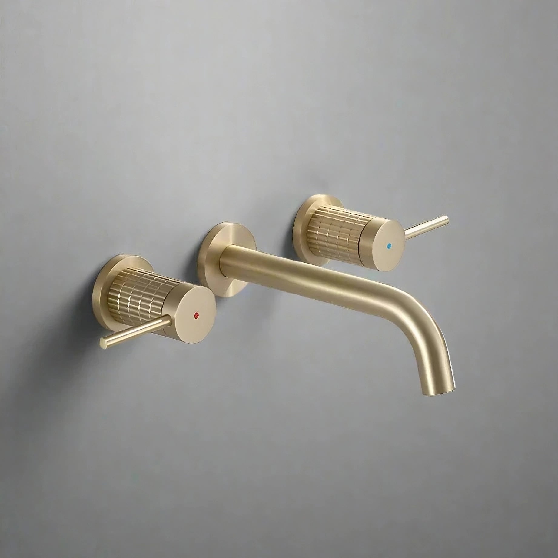 The Allfixture Brushed Gold 8-Inch Bathroom Faucet features wall-mount installation, hot and cold mixer handles marked with red and blue dots, and is shown against a gray background.