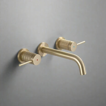 The Allfixture Brushed Gold 8-Inch Bathroom Faucet features wall-mount installation, hot and cold mixer handles marked with red and blue dots, and is shown against a gray background.