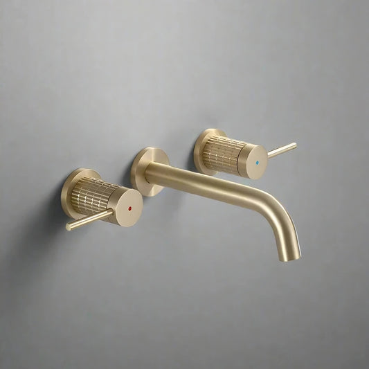 The Allfixture Brushed Gold 8-Inch Bathroom Faucet features wall-mount installation, hot and cold mixer handles marked with red and blue dots, and is shown against a gray background.