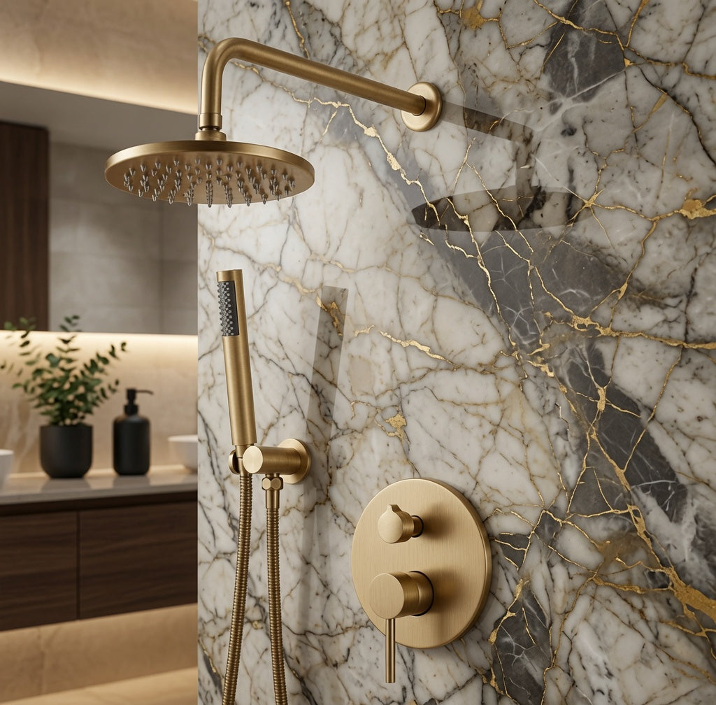 A modern spa bathroom features the Valmont In-Wall Rainfall Shower System with Handheld by AllFixture, showcasing elegant brushed gold fixtures mounted on a marble wall with gray, white, and gold veining. A plant and wood cabinets are visible in the blurred background, enhancing the serene ambiance.