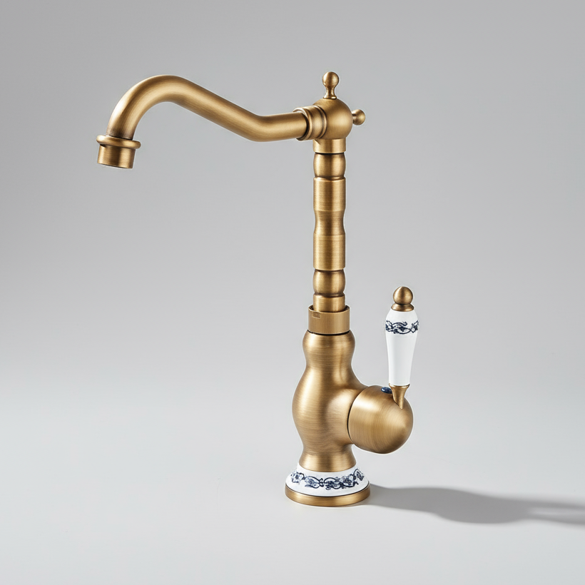 The AllFixture Heritage Single-Handle Kitchen Faucet features a vintage-style antique brass finish, high-arc swivel spout, and white handle with blue floral accents, shown against a light gray background.