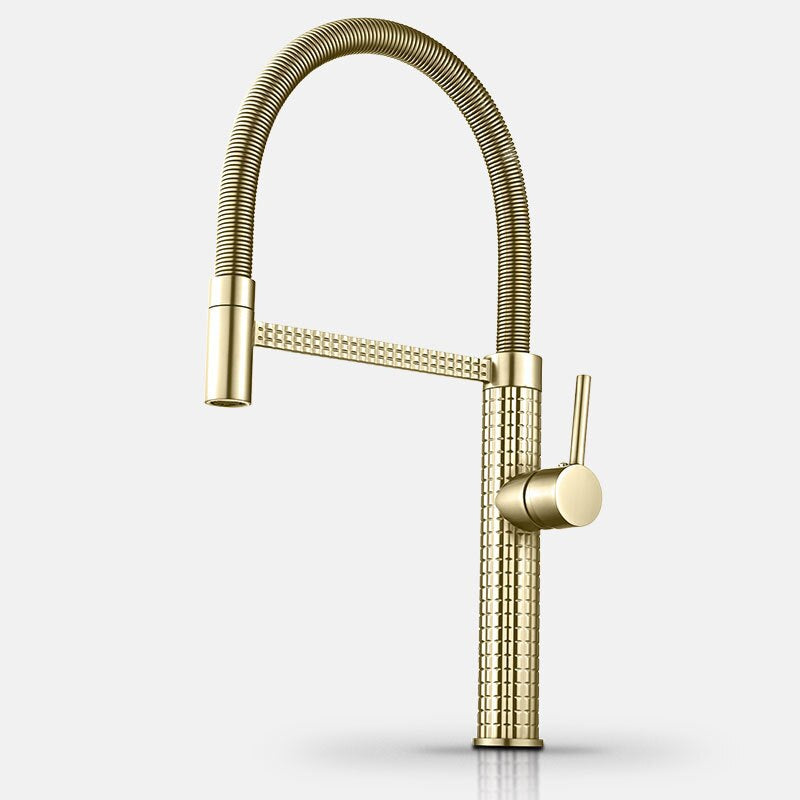 A modern Tiqui™ Solid Brass Kitchen Faucet in a gold finish, featuring a high-arc, flexible spring spout and a side-mounted single-handle lever for adjusting water flow and temperature, stands against a plain white background. The faucet showcases Tiqui's signature sleek and elegant design.