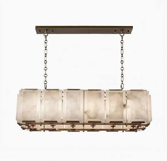 A 40" Natural Marble Rectangular Chandelier with a bronze finish and multiple frosted glass panels, designed as a dining room chandelier, suspended from a ceiling by chains.