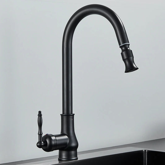 A sleek, modern Matte Black Pull-Down Kitchen Faucet by Rozin, featuring a high-arc spout and a single lever handle, mounted on a stainless steel sink against a light gray background, exemplifies contemporary design akin to that of stylish bathroom faucets.