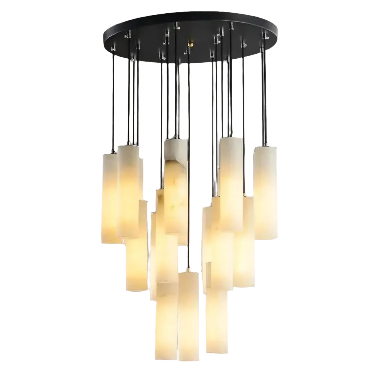The Moonshade™ Marble Pendant Lighting Fixture by Morsale.com features a modern chandelier design with a black circular base and multiple rectangular frosted glass light fixtures hanging at varying lengths, creating a tiered effect. The warm, dimmable LED bulbs emit a soft, cozy glow.
