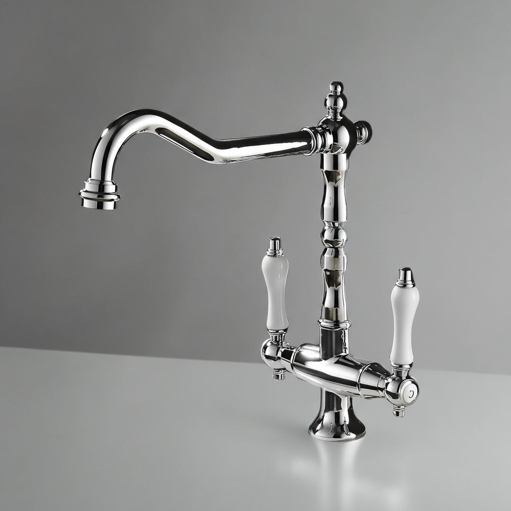 Heritage Dual-Handle Kitchen Faucet featuring a sleek chrome finish and elegant dual handles for precise water control.