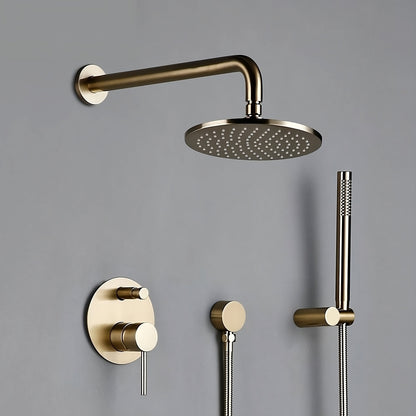 Discover the Wasser™ Brushed Gold Shower System With Handheld Shower by Morsale.com, a contemporary design featuring a circular overhead rain showerhead, a wall-mounted handheld shower with hose, and a round control knob with lever, all set against a sleek gray backdrop.