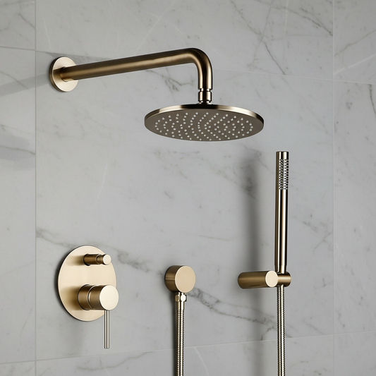 The Wasser™ Brushed Gold Shower System With Handheld Shower by Morsale.com features a rainfall and handheld showerhead plus two control knobs, creating a sleek, contemporary look against a light gray marble wall.